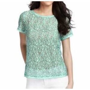 Ann Taylor LOFT Green & Black Lace Blouse with Back Zipper Sz LP
